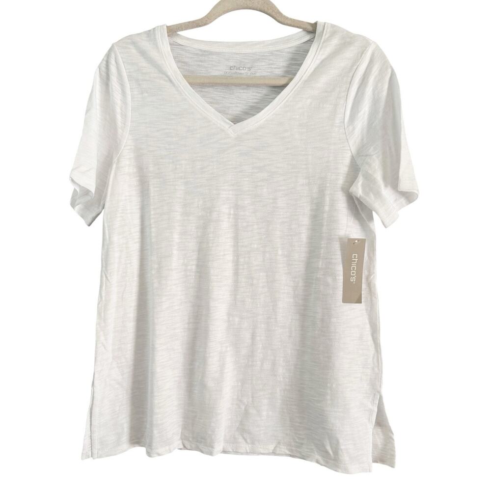 NWT Chicos The Ultimate Tee White Short Sleeve Slub Knit Shirt V Neck Size Small